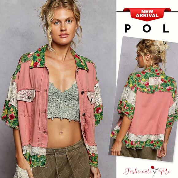 POL Lace Patch Detail Floral Pattern Half Sleeves Raw Hem Shacket | Guava Pink - Picture 1 of 6